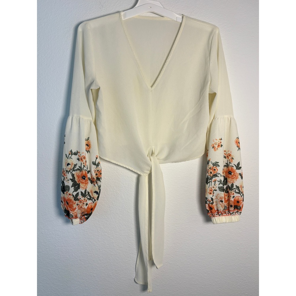 Shein Womens Cream Floral Sleeve Tie Front V-Neck Blouse Top Size M 6
